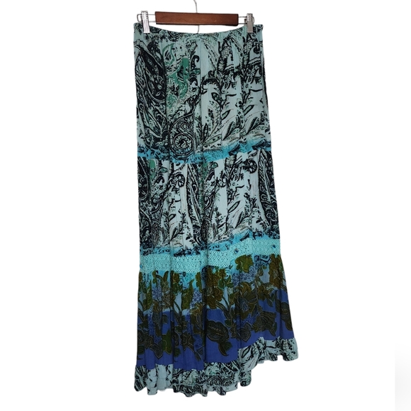 Forbidden Vintage M Blue Floral Paisley Crochet A- Line Maxi Skirt - Picture 9 of 10